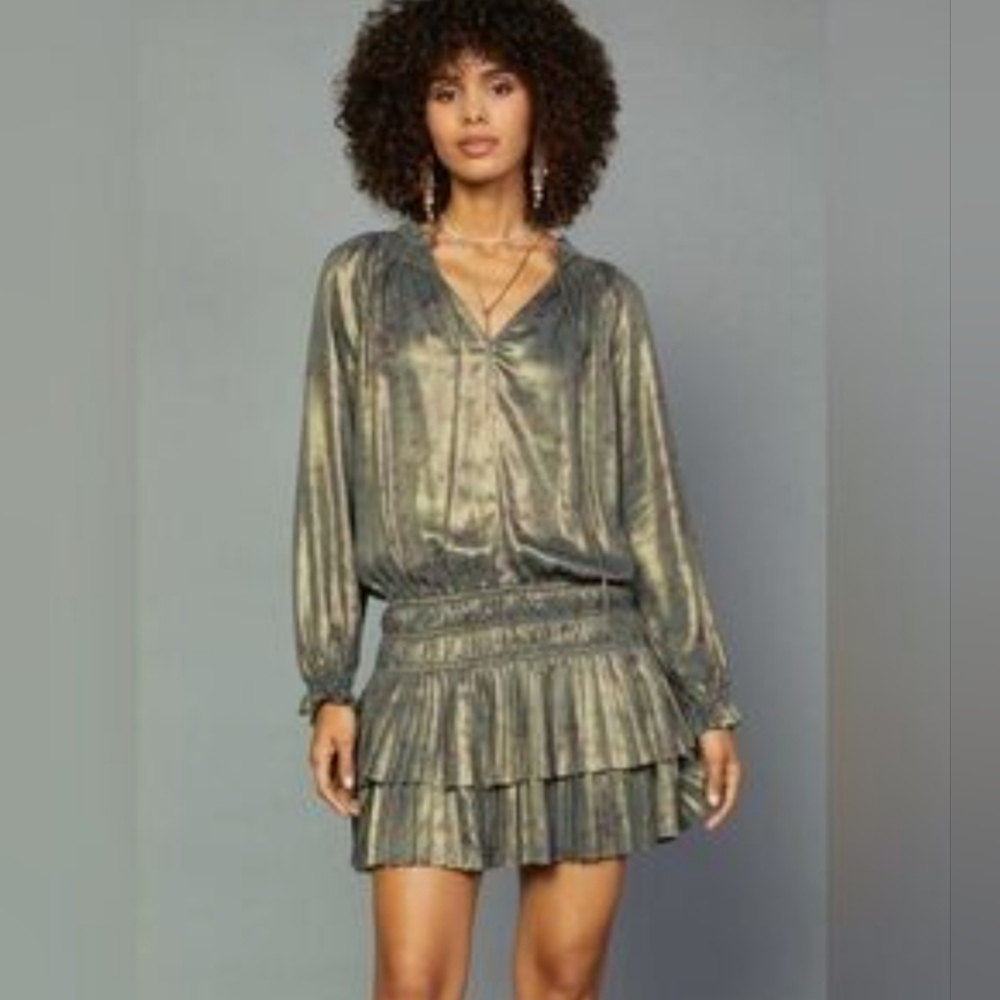 Anthropologie Current Air Gold Satin Metallic Floral Tired Mini Dress Medium